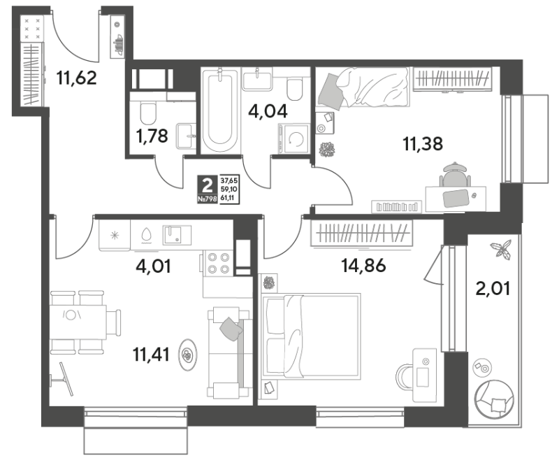 3 ккв (Евро) 61,1 м²
