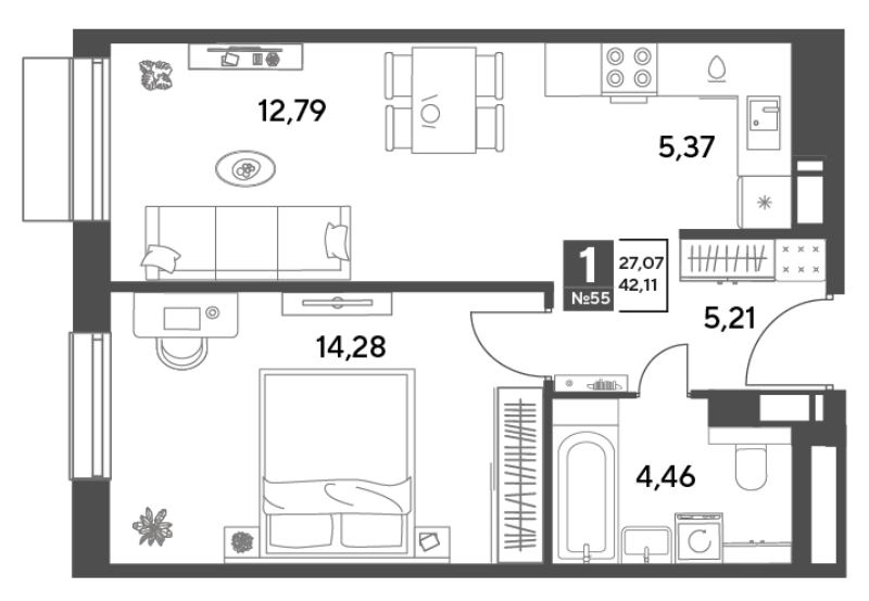 2 ккв (Евро) 42,1 м²