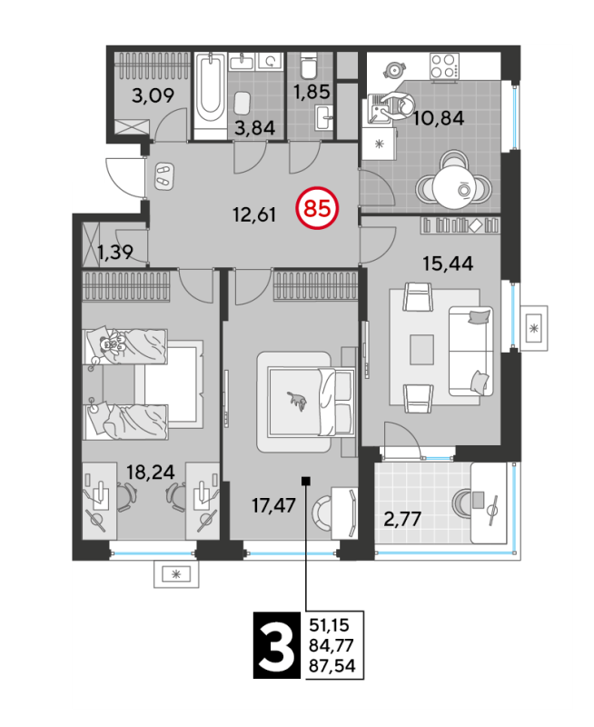 3 ккв 87,5 м²