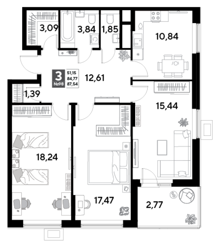 3 ккв 87,5 м²