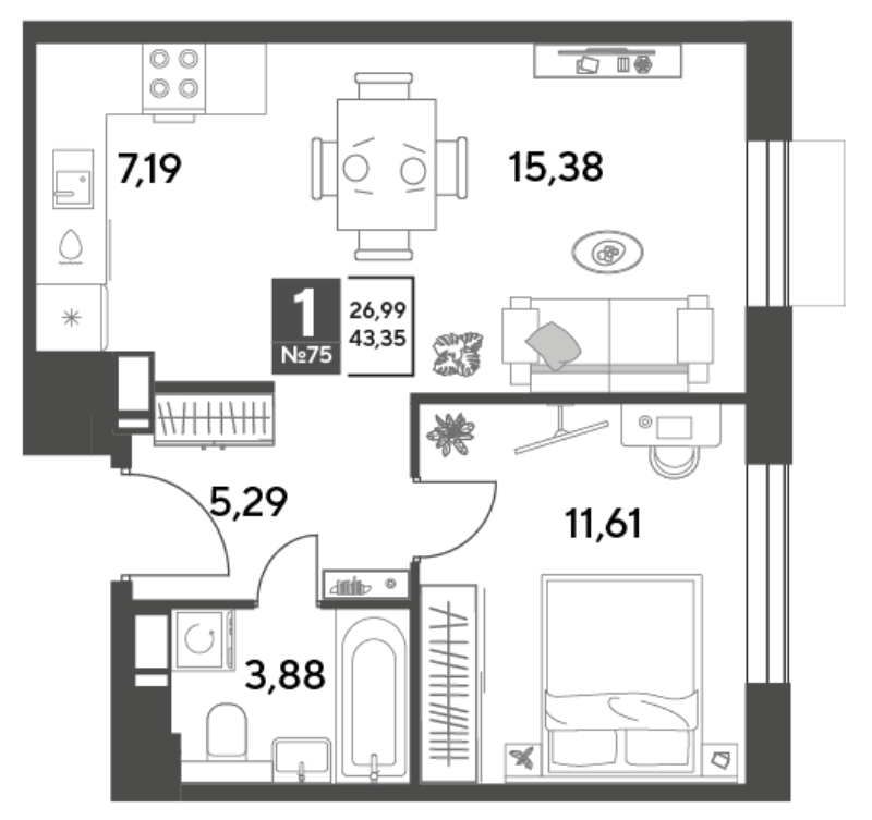 2 ккв (Евро) 43,4 м²