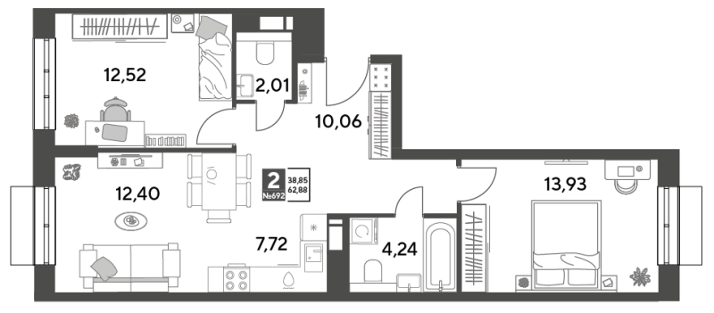 3 ккв (Евро) 62,9 м²