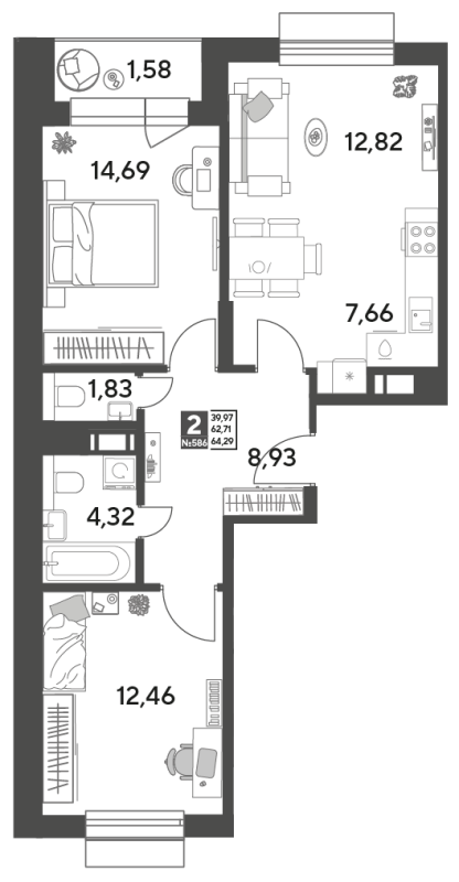 3 ккв (Евро) 64,3 м²