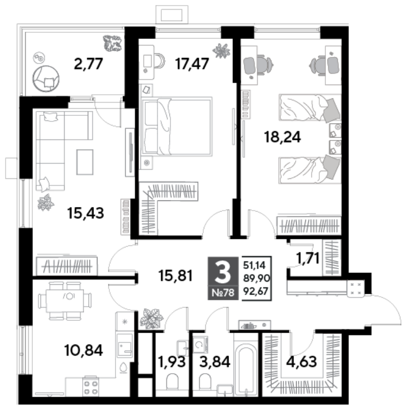 3 ккв 92,7 м²