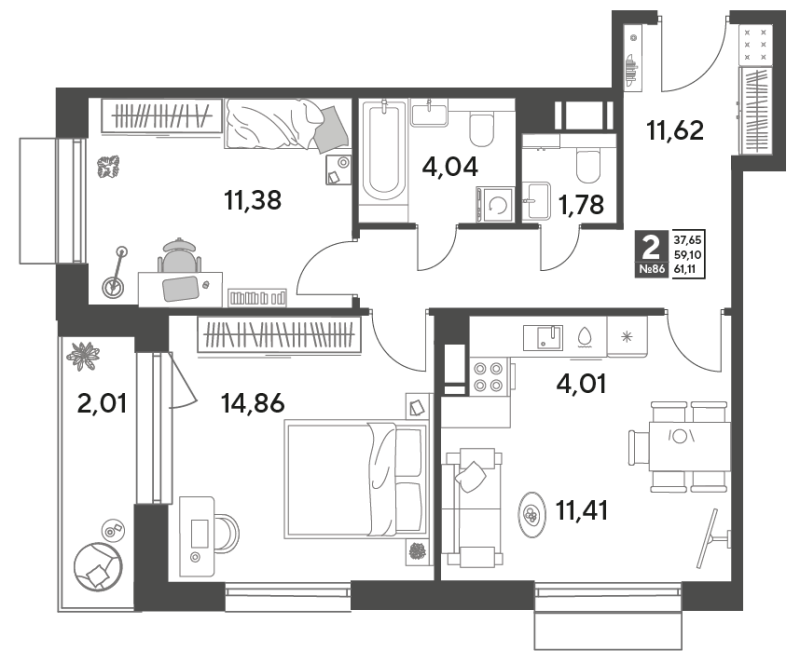 3 ккв (Евро) 61,1 м²