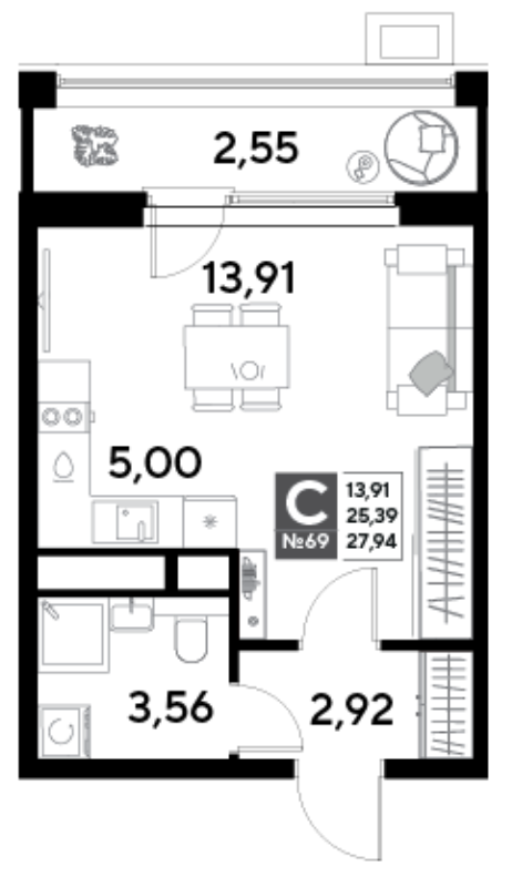 Студия 27,9 м²