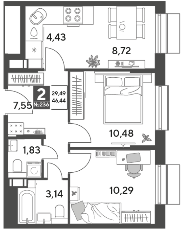 2 ккв 46,4 м²