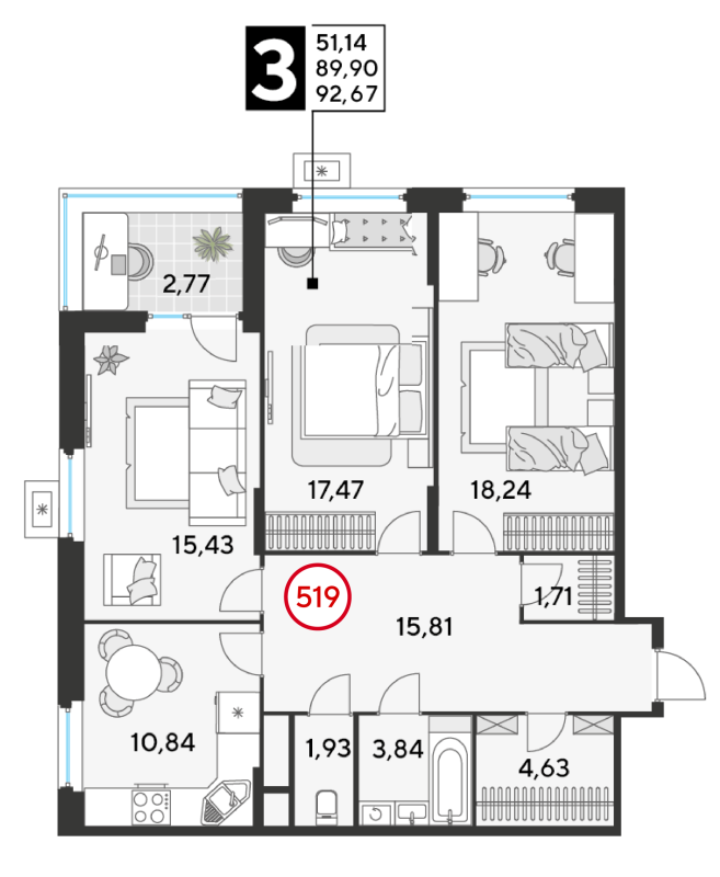 3 ккв 92,7 м²