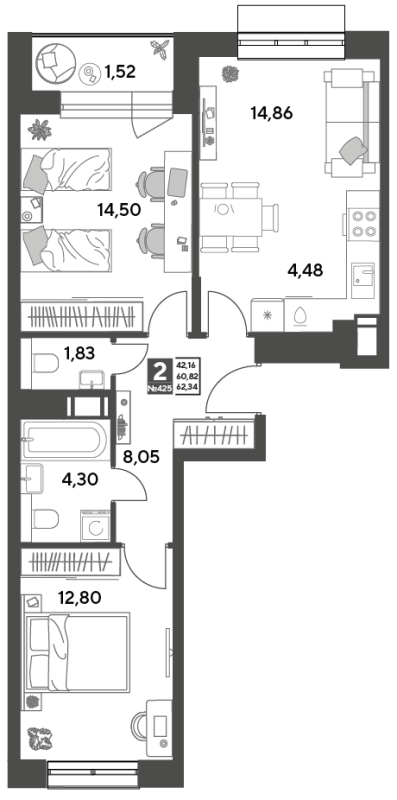 3 ккв (Евро) 62,3 м²