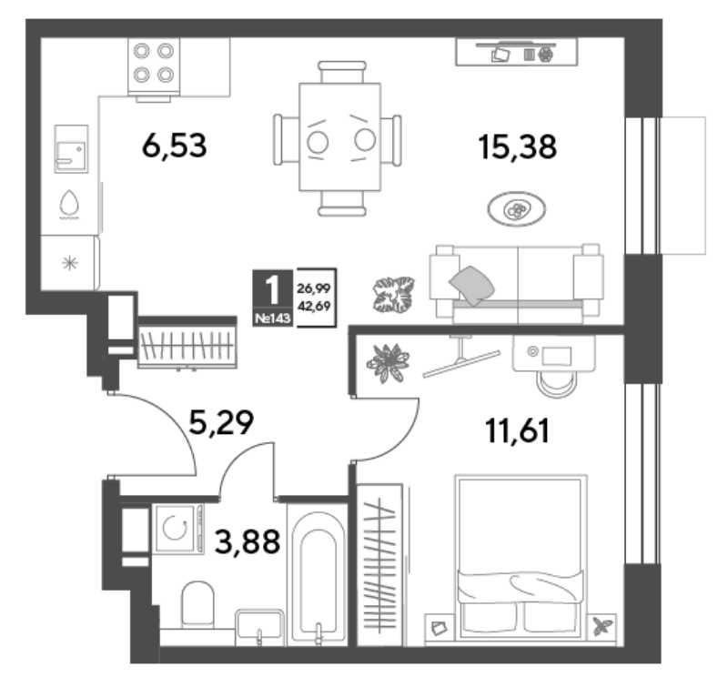 2 ккв (Евро) 42,7 м²
