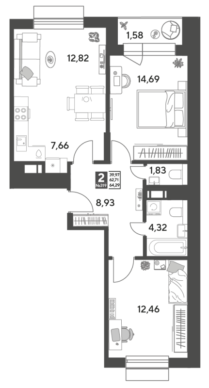 3 ккв (Евро) 64,3 м²
