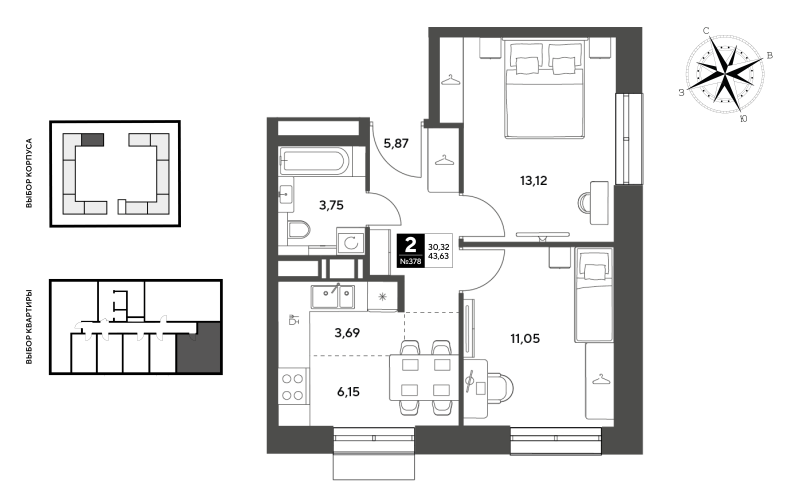 2 ккв 43,6 м²