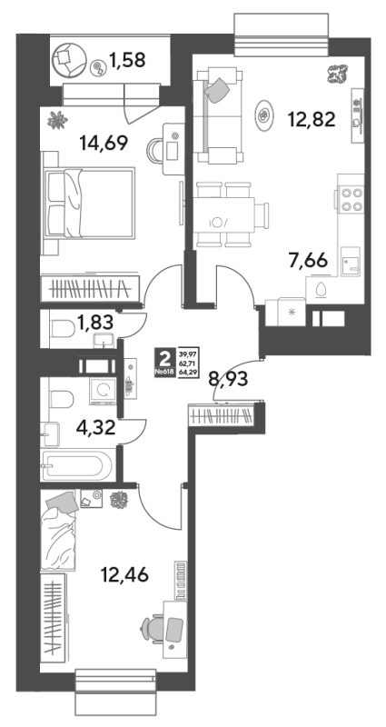 3 ккв (Евро) 64,3 м²
