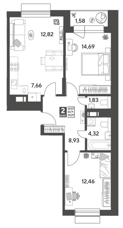 3 ккв (Евро) 64,3 м²