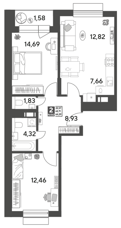 3 ккв (Евро) 64,3 м²