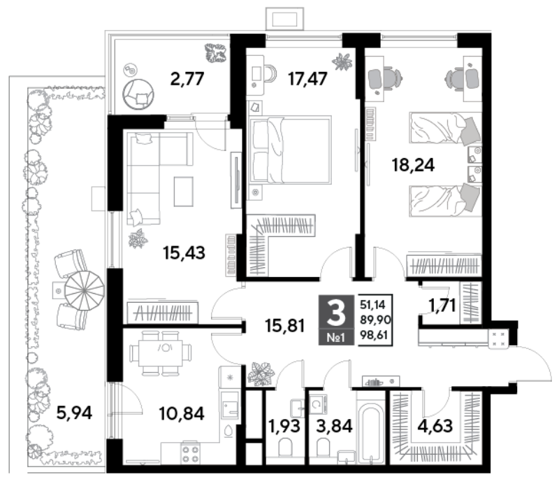 3 ккв 98,6 м²