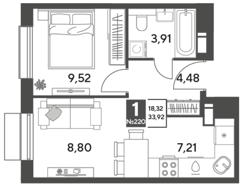2 ккв (Евро) 33,9 м²
