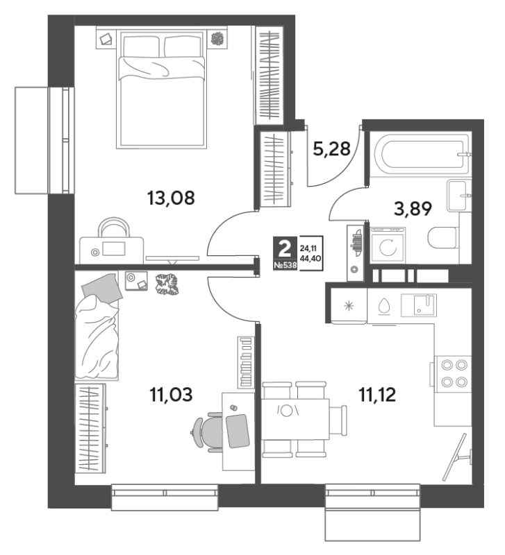 2 ккв 44,4 м²