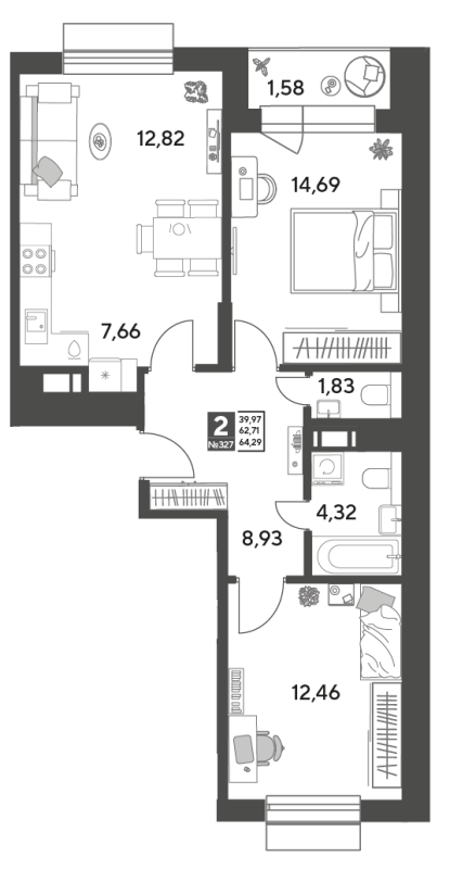3 ккв (Евро) 64,3 м²