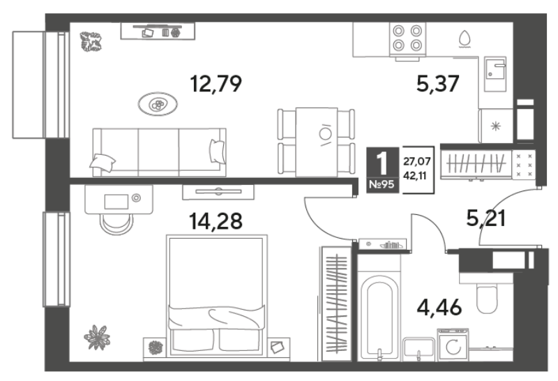 2 ккв (Евро) 42,1 м²