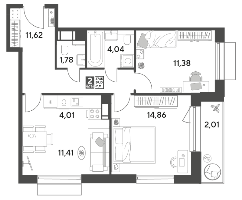 3 ккв (Евро) 61,1 м²