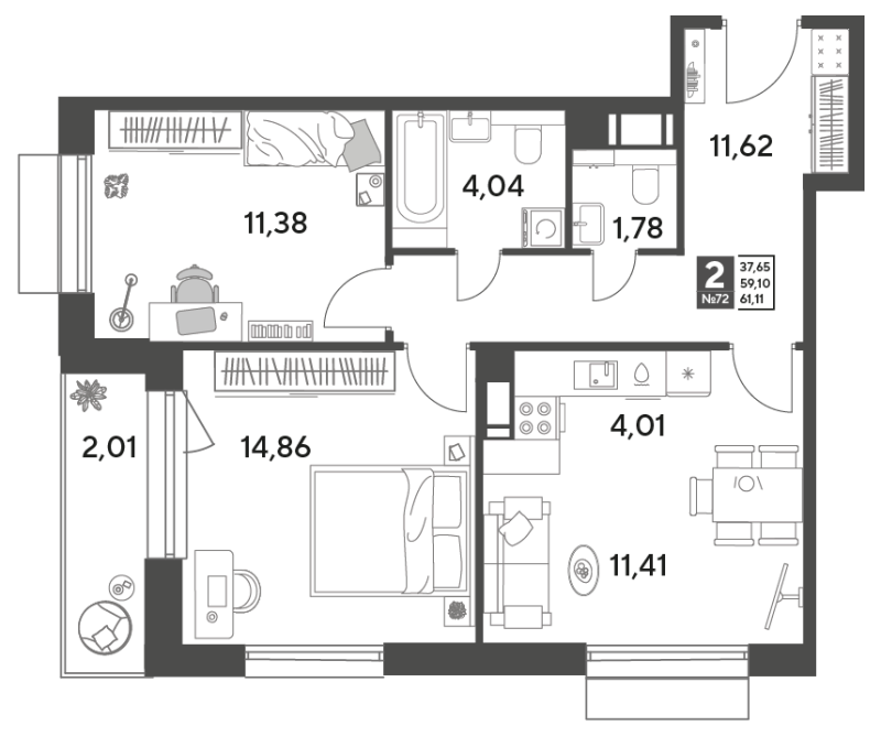 3 ккв (Евро) 61,1 м²