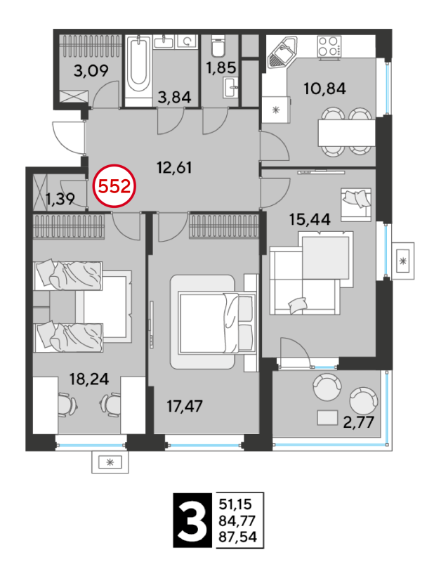 3 ккв 87,5 м²
