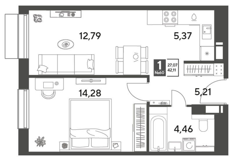 2 ккв (Евро) 42,1 м²