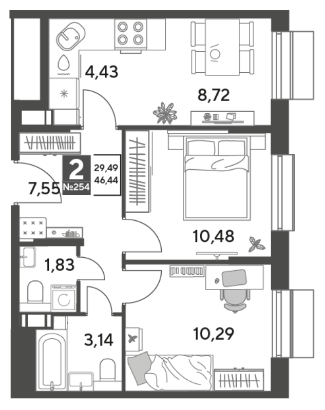 2 ккв 46,4 м²