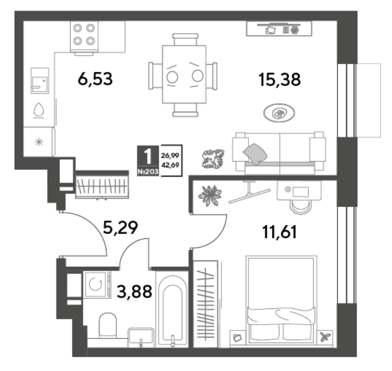 2 ккв (Евро) 42,7 м²