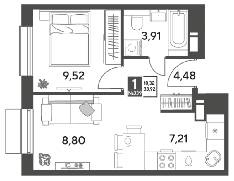 2 ккв (Евро) 33,9 м²
