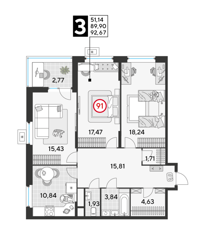 3 ккв 92,7 м²