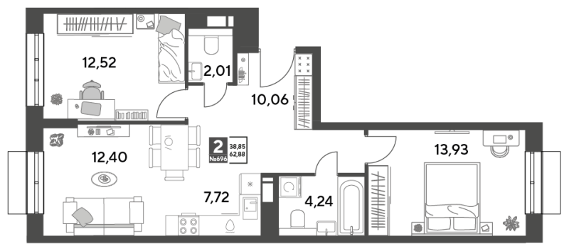 3 ккв (Евро) 62,9 м²