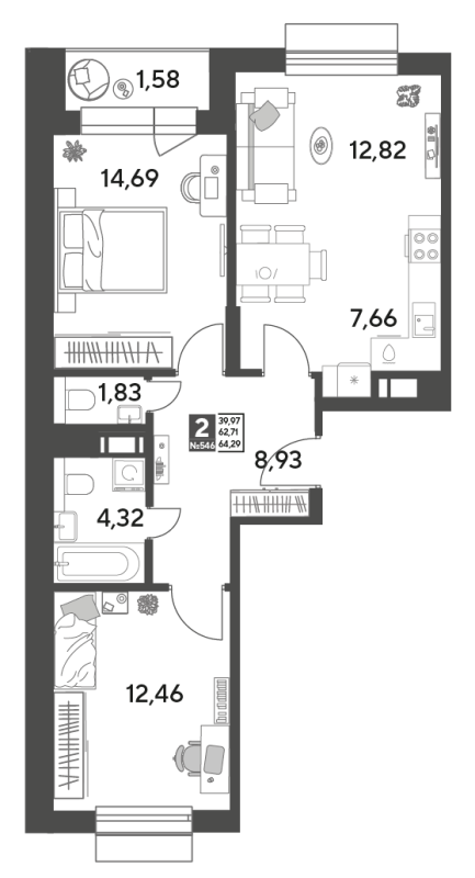 3 ккв (Евро) 64,3 м²