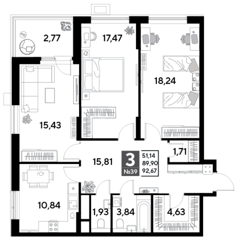 3 ккв 92,7 м²