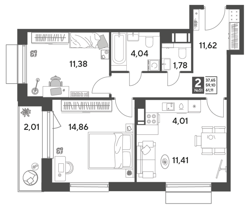3 ккв (Евро) 61,1 м²