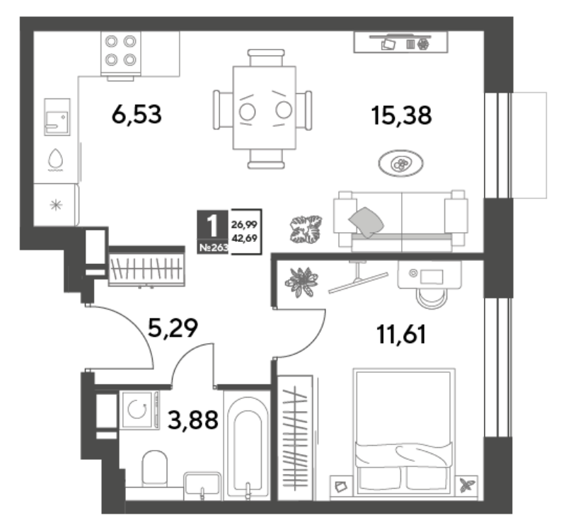 2 ккв (Евро) 42,7 м²