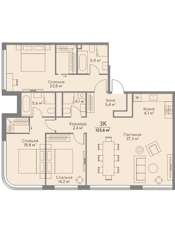4 ккв (Евро) 123,6 м²