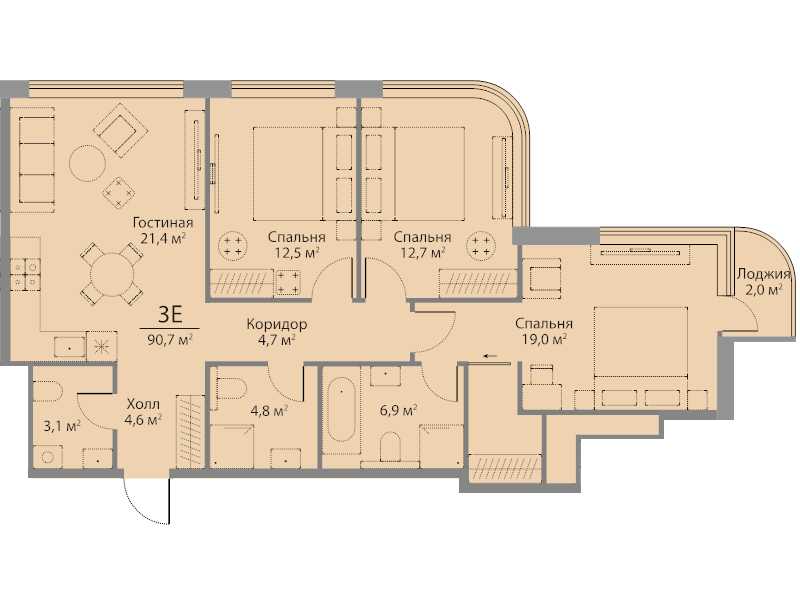 4 ккв (Евро) 91,3 м²