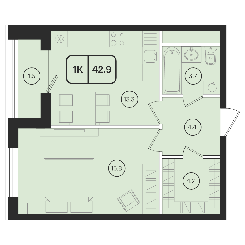 1 ккв 42,9 м²