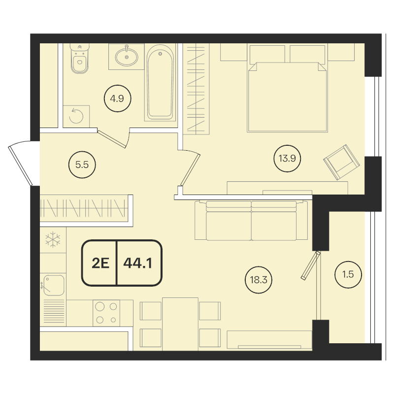 2 ккв (Евро) 44,1 м²