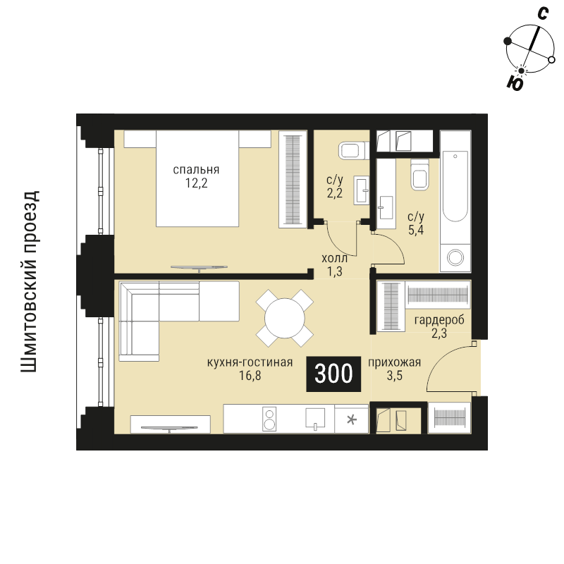 2 ккв (Евро) 43,8 м²
