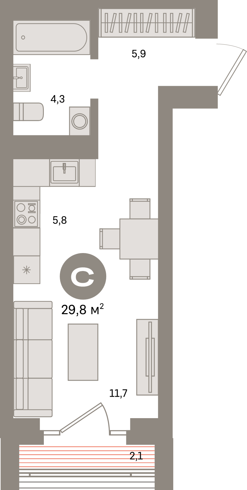 Студия 29,8 м²