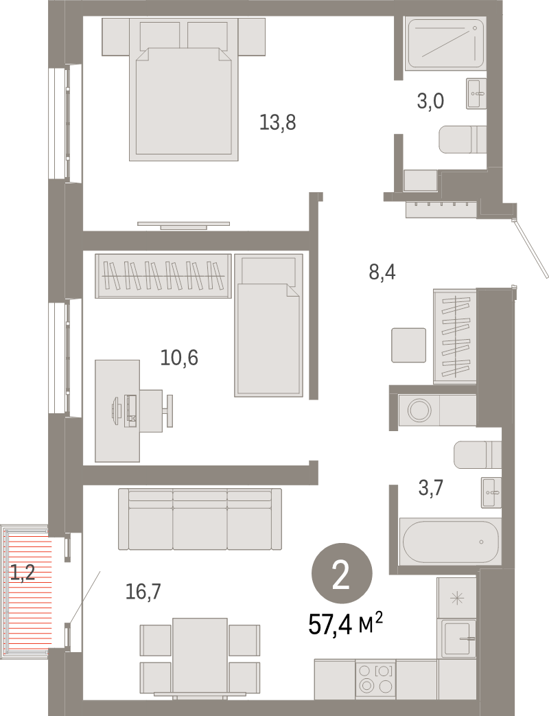 3 ккв (Евро) 57,4 м²