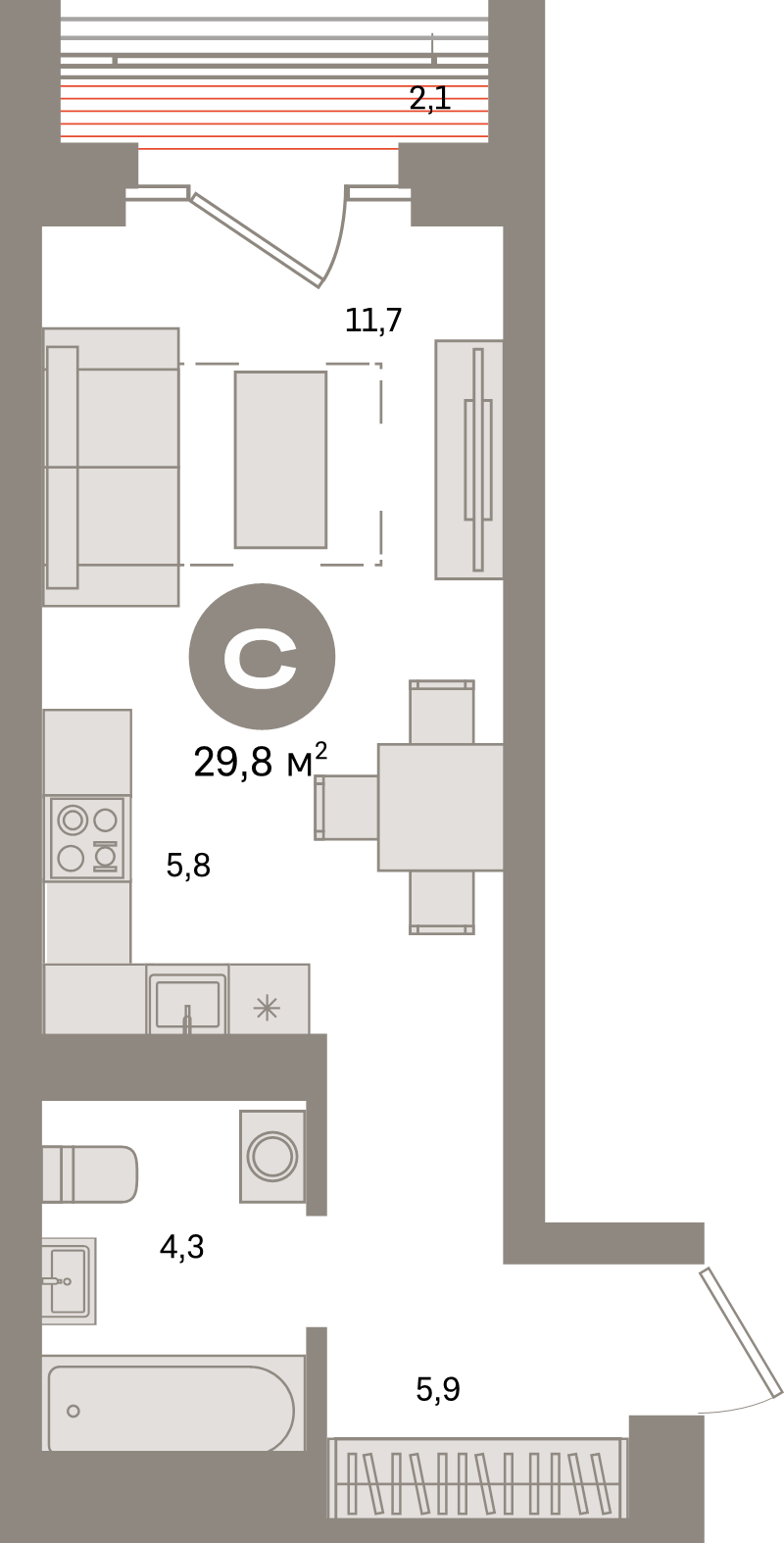 Студия 29,8 м²
