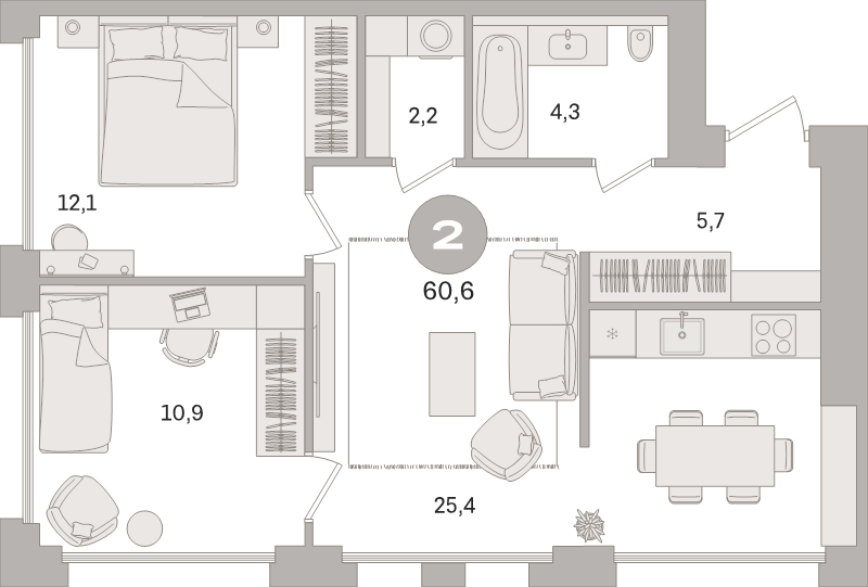 3 ккв (Евро) 60,6 м²
