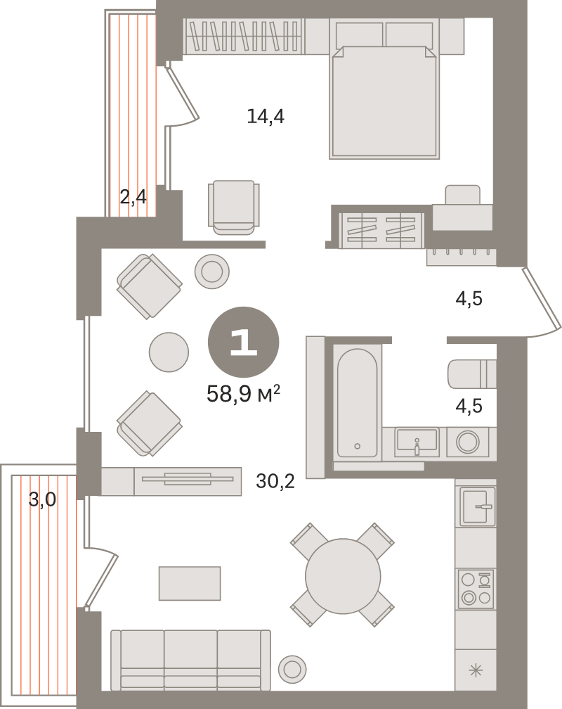 2 ккв (Евро) 58,9 м²