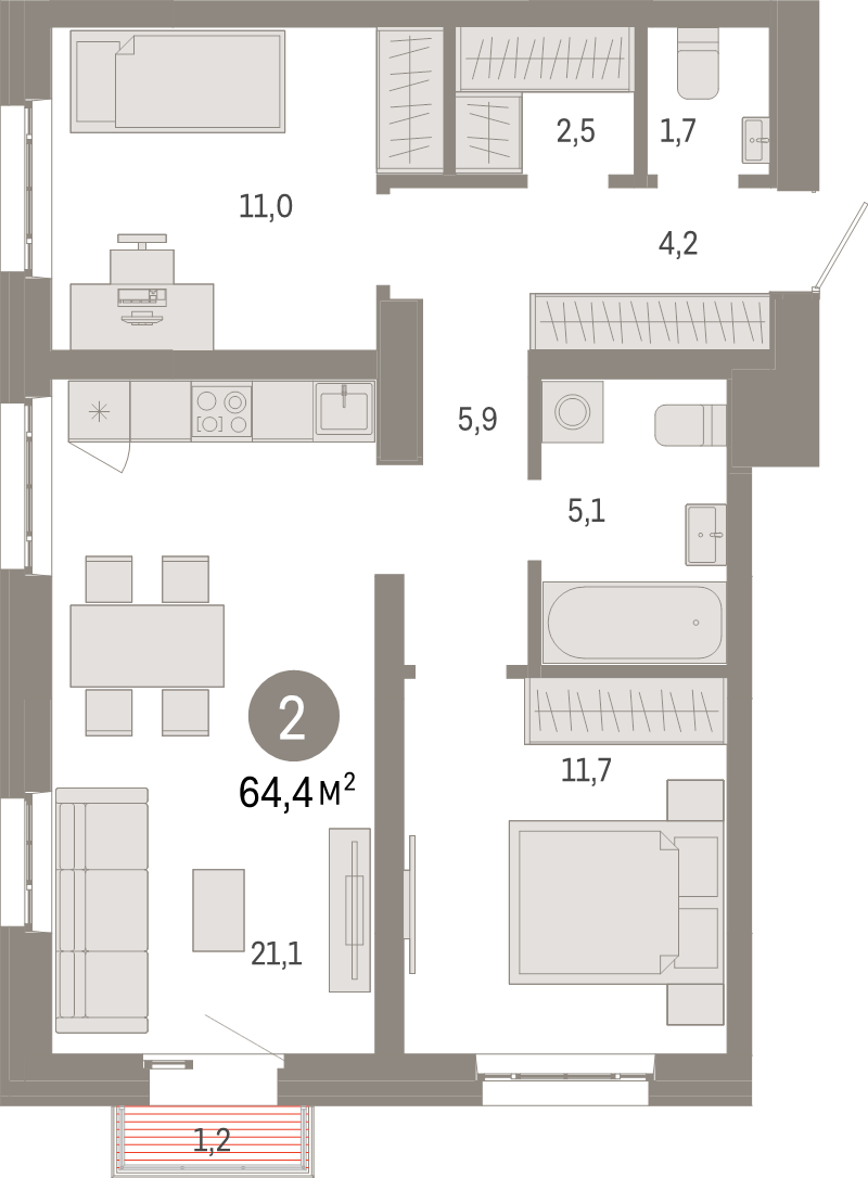 3 ккв (Евро) 64,4 м²