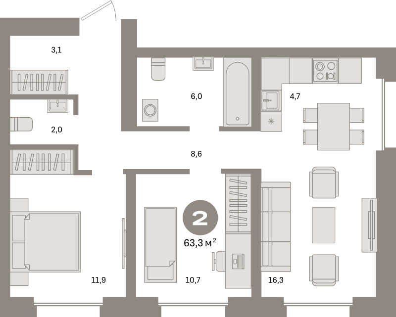 3 ккв (Евро) 63,3 м²
