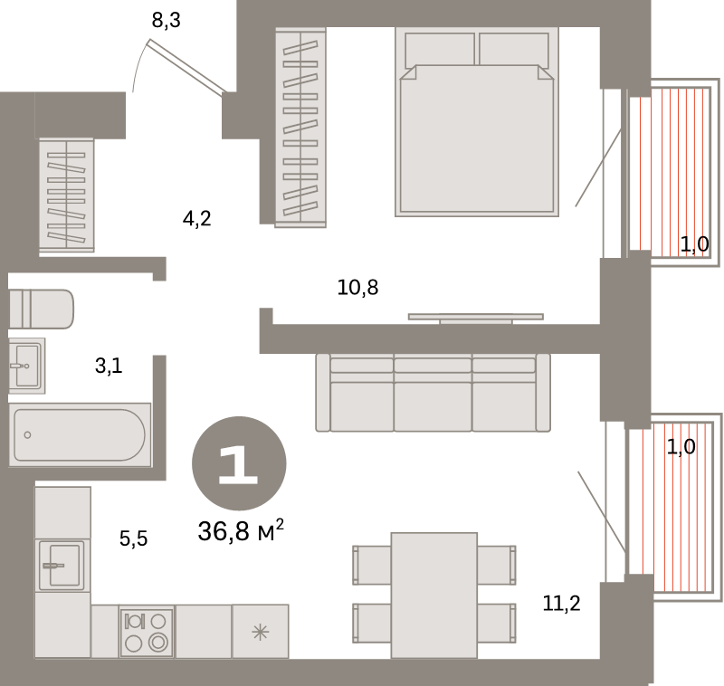 2 ккв (Евро) 36,8 м²